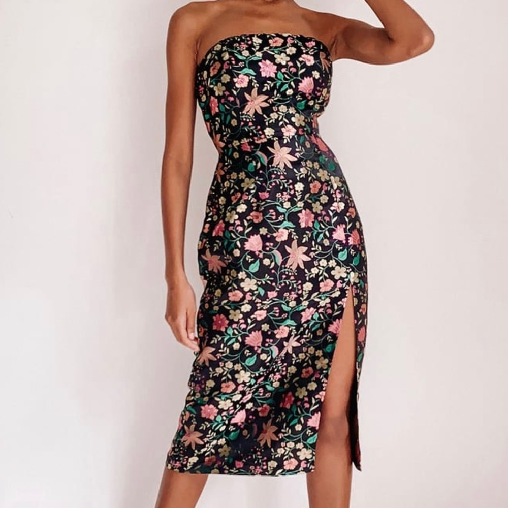 LuLus Satin Floral Strapless Midi Dress